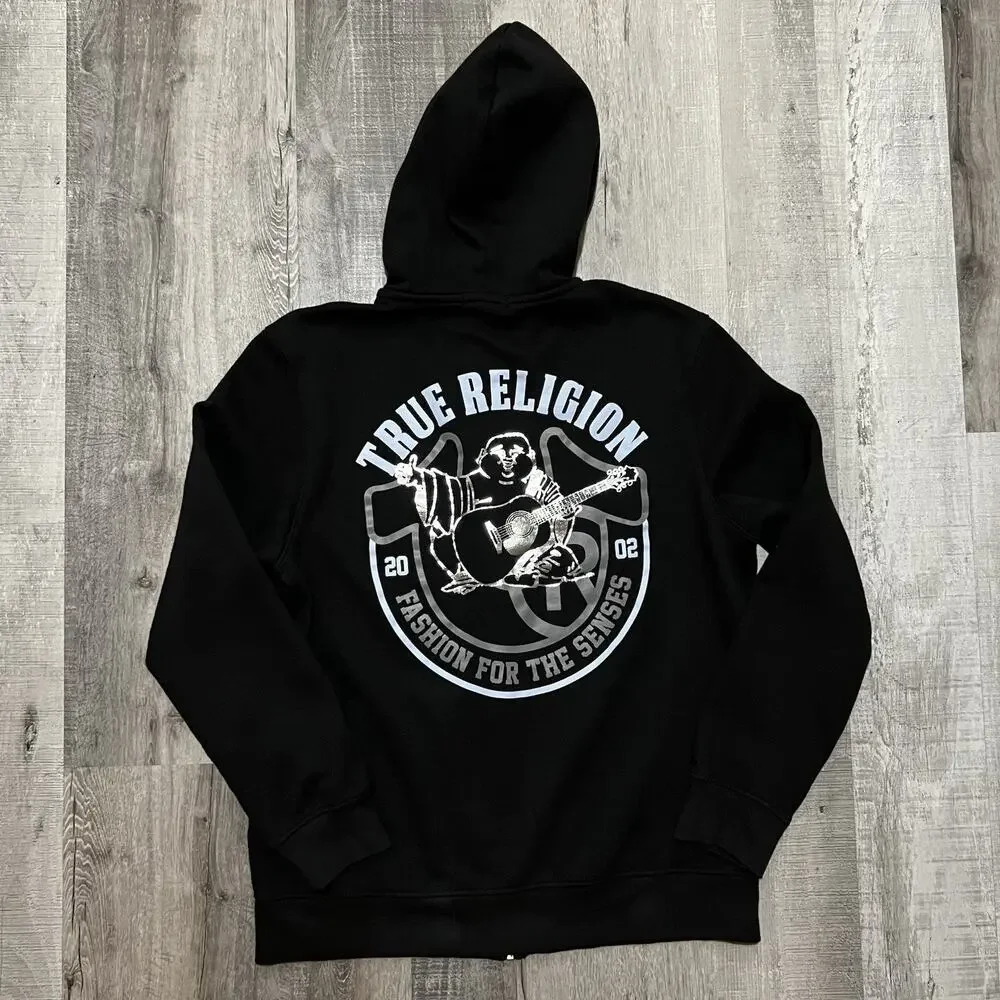 True Religion Metallic City Buddha Zip Up Hoodie Medium Black Womens Sz L